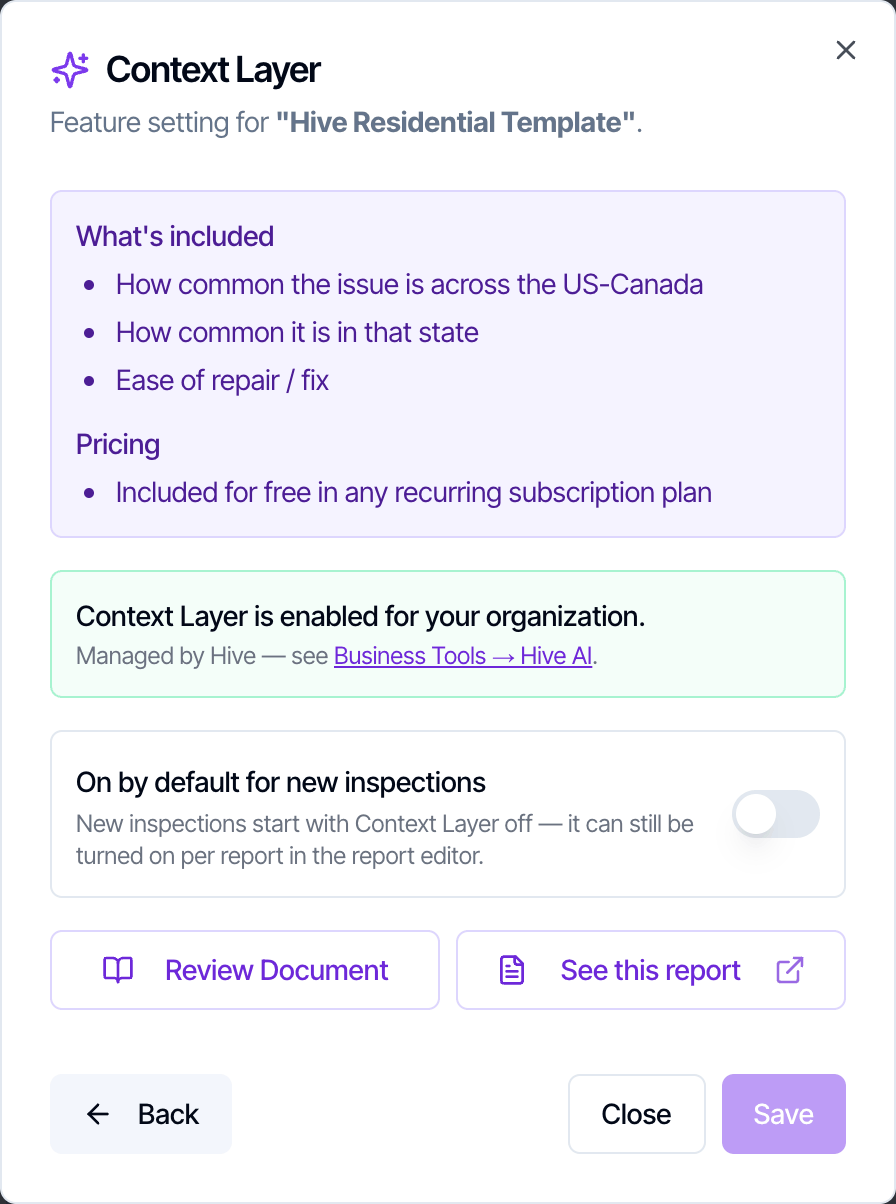 The Context Layer settings in Template Tools: what's included, Included for free in any recurring subscription plan, Context Layer is enabled for your organization, and the On by default for new inspections switch, with Review Document and See this report buttons