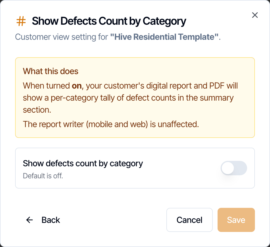 The Show Defects Count by Category settings with the Show defects count by category switch, off by default