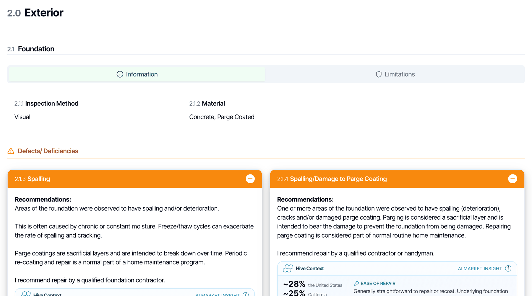 A subsection called Foundation in the digital report with an Information tab selected and a Limitations tab beside it, followed by the Defects/ Deficiencies cards