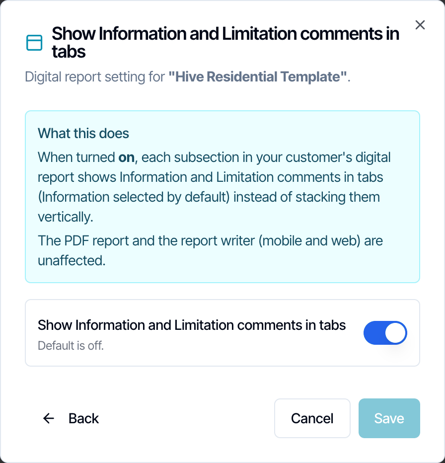 The Show Information and Limitation comments in tabs settings with its switch, and a note that the PDF and the report writer are unaffected