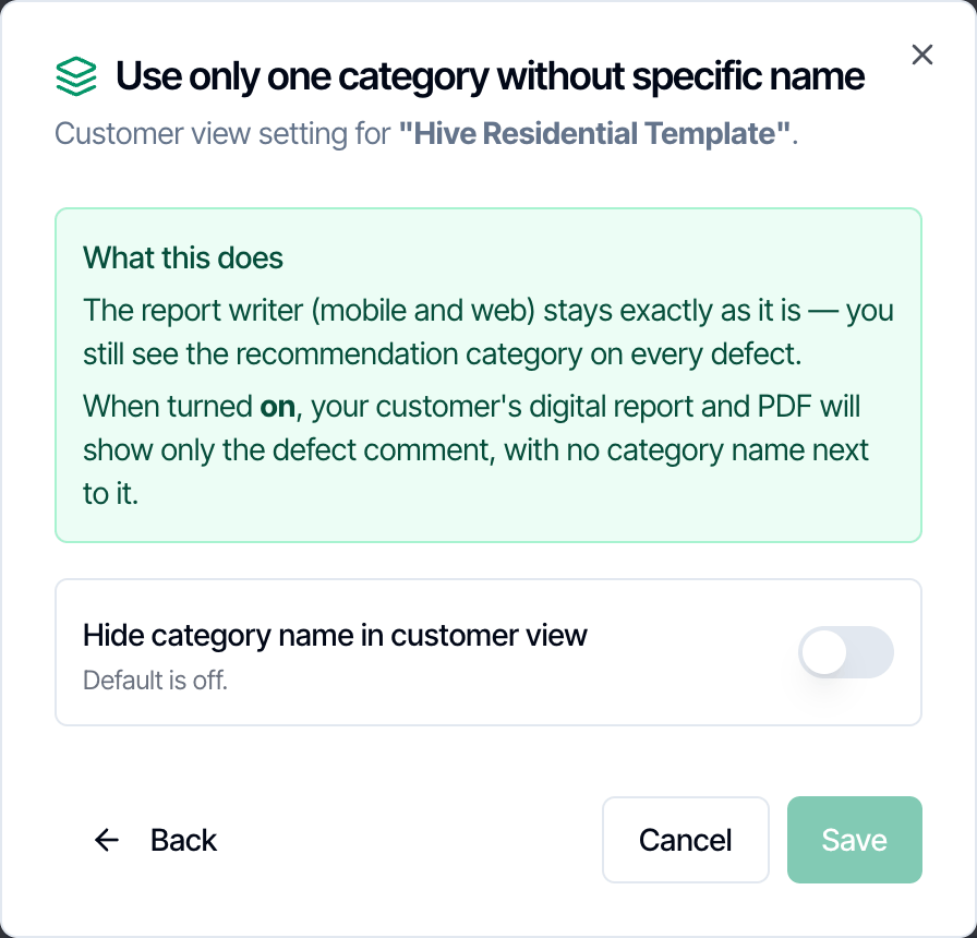 The Use only one category without specific name settings, explaining that the report writer still shows categories, with the Hide category name in customer view switch, off by default