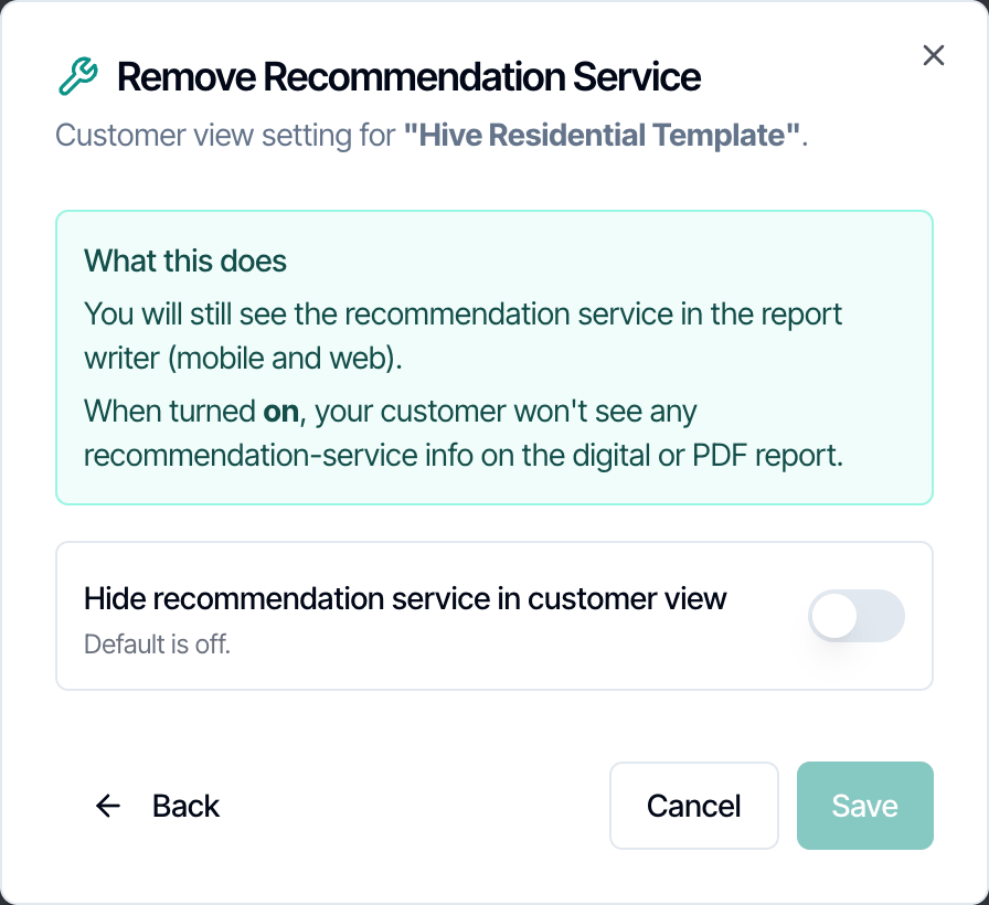 The Remove Recommendation Service settings with the Hide recommendation service in customer view switch, off by default