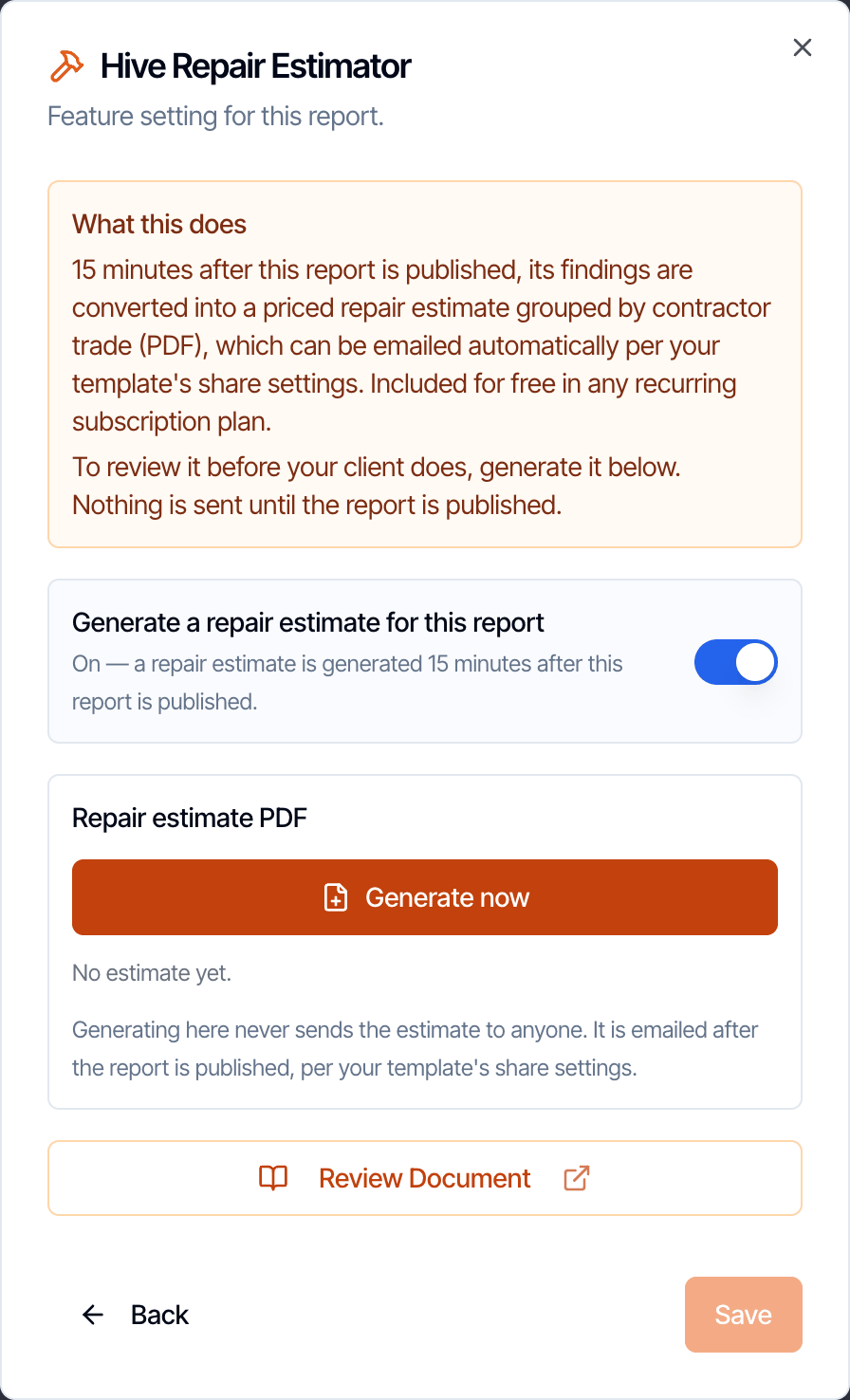 The Hive Repair Estimator settings in Report Tools with the Generate a repair estimate for this report switch on, a Repair estimate PDF panel with a Generate now button and No estimate yet, and a Review Document button