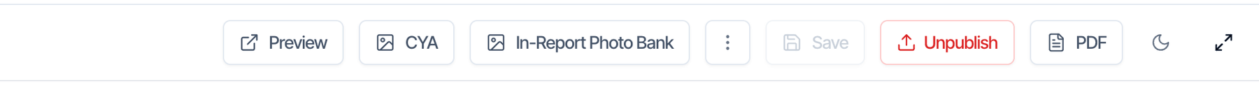 The Web Editor toolbar with Preview, CYA, In-Report Photo Bank, the three-dot Report Tools button, Save, Unpublish and PDF