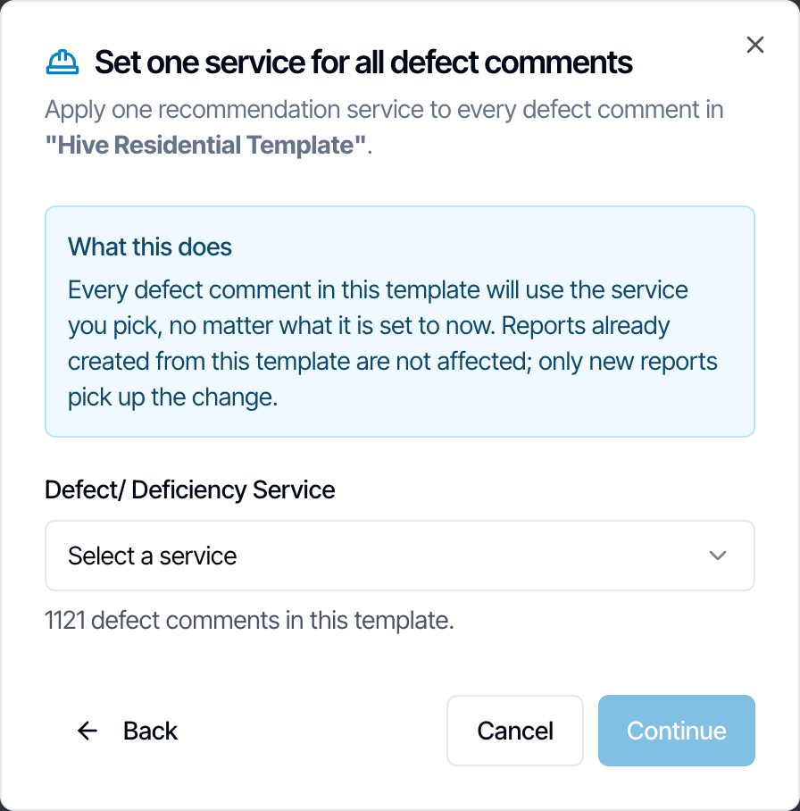 The Set one service for all defect comments dialog with a Defect/ Deficiency Service dropdown, a count of the defect comments in the template, and a Continue button
