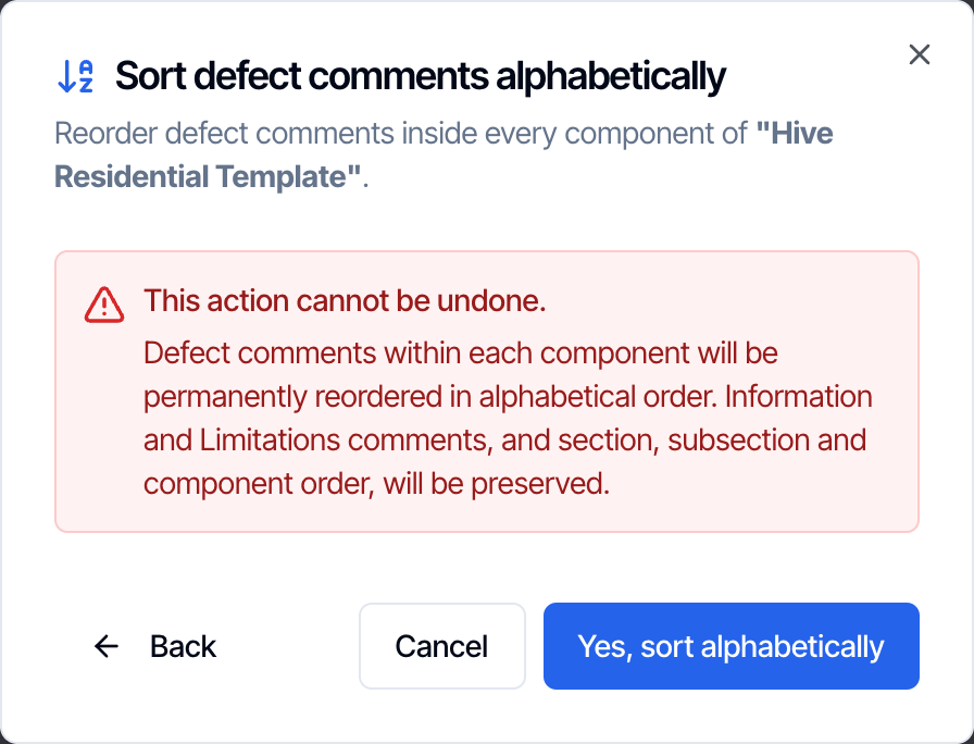 The Sort defect comments alphabetically confirmation with a red This action cannot be undone box and a Yes, sort alphabetically button