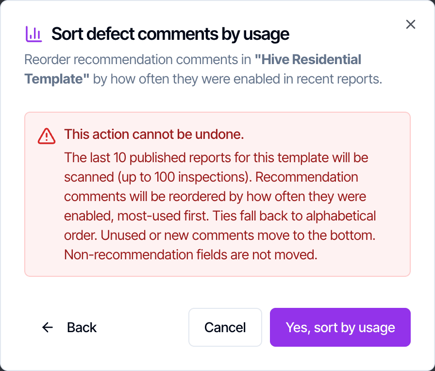 The Sort defect comments by usage confirmation explaining that the last 10 published reports for this template will be scanned and comments reordered by how often they were enabled, with a Yes, sort by usage button