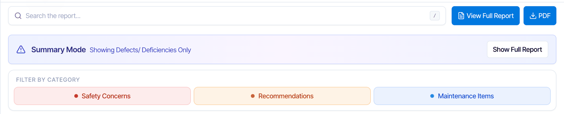 The Summary view of a digital report with three Filter by Category buttons: Safety Concerns, Recommendations and Maintenance Items