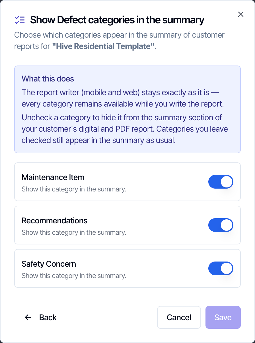 The Show Defect categories in the summary settings with three switches, one per category: Maintenance Item, Recommendations and Safety Concern, each labeled Show this category in the summary