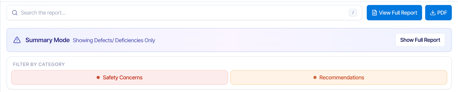 The same Summary view with only two Filter by Category buttons, Safety Concerns and Recommendations, and no Maintenance Items