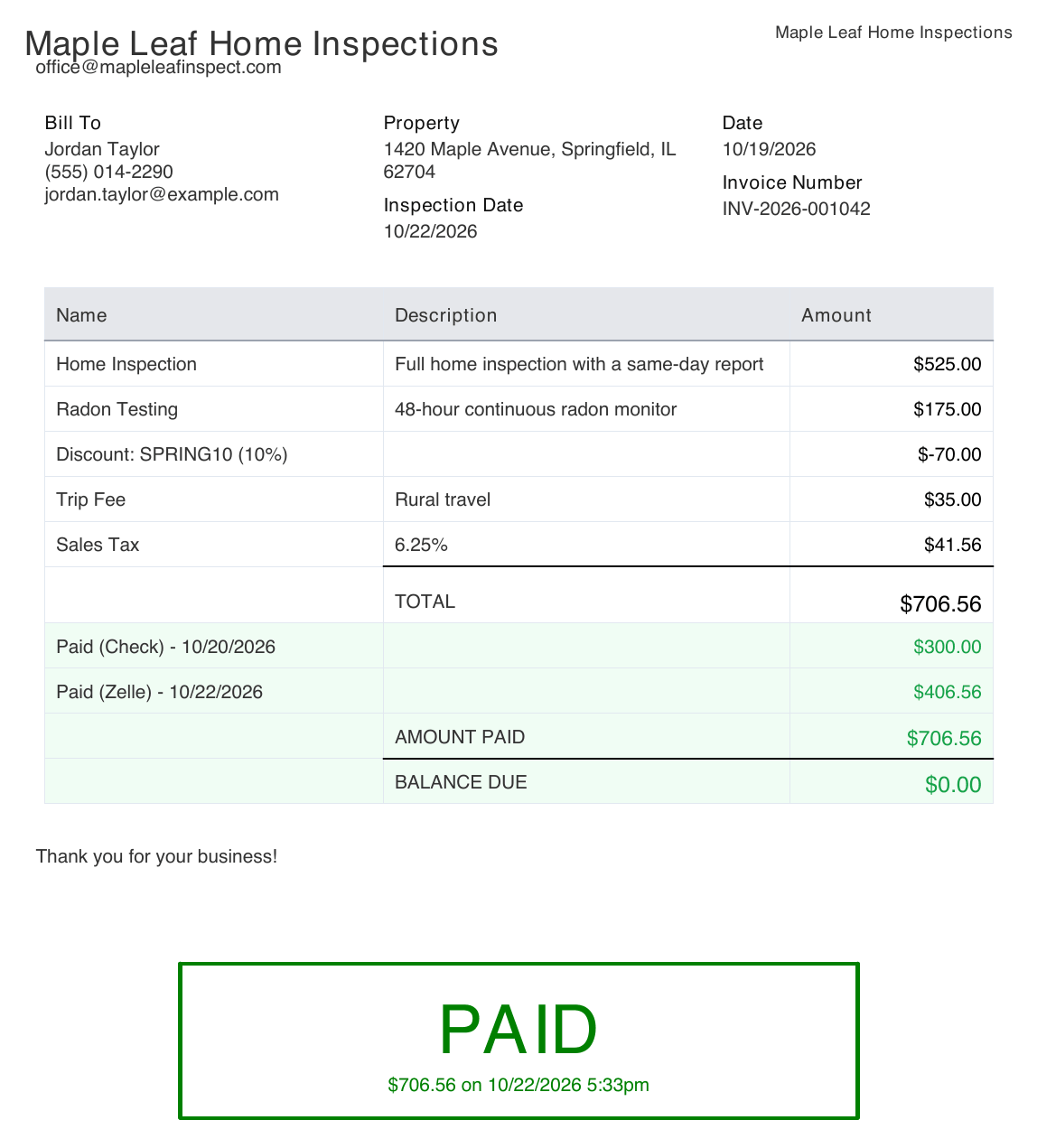The same invoice paid in full: Paid (Check) 10/20/2026 300.00 dollars, Paid (Zelle) 10/22/2026 406.56 dollars, AMOUNT PAID 706.56 dollars, BALANCE DUE 0.00 dollars, and a green PAID stamp