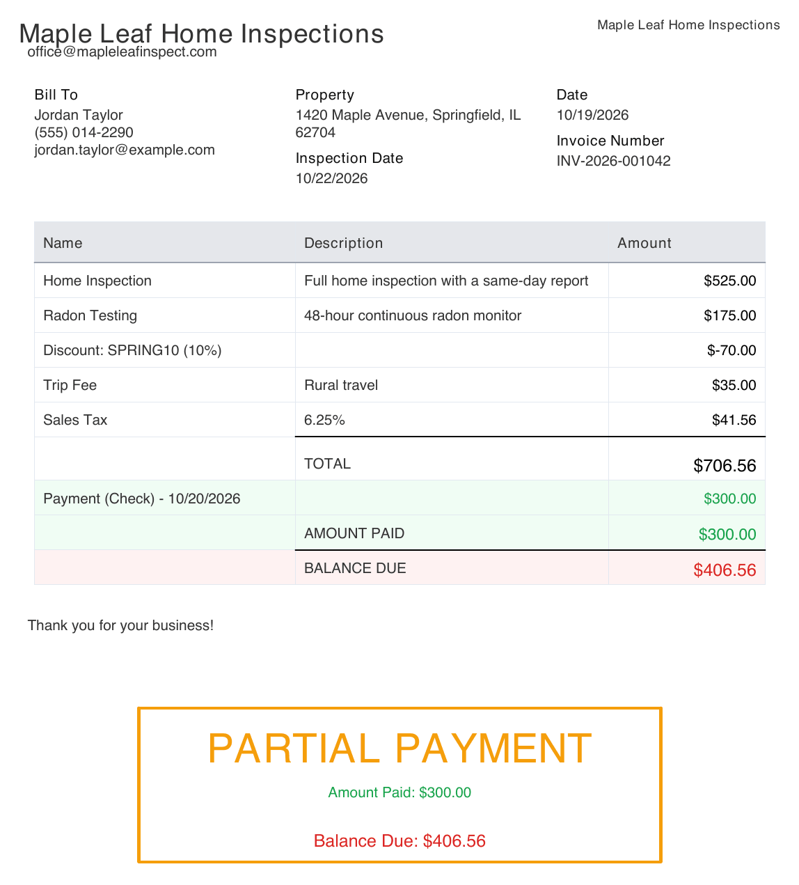 An invoice from Maple Leaf Home Inspections to Jordan Taylor for 1420 Maple Avenue: Home Inspection 525.00 dollars, Radon Testing 175.00 dollars, Discount SPRING10 (10%) minus 70.00 dollars, Trip Fee 35.00 dollars, Sales Tax 6.25% 41.56 dollars, TOTAL 706.56 dollars, Payment (Check) 10/20/2026 300.00 dollars, AMOUNT PAID 300.00 dollars, BALANCE DUE 406.56 dollars, and an orange PARTIAL PAYMENT stamp