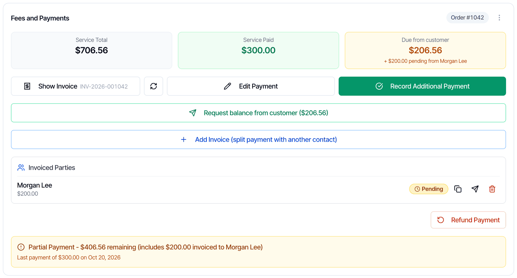 The card after billing Morgan Lee 200 dollars: Service Paid 300.00 dollars, Due from customer 206.56 dollars with plus 200.00 dollars pending from Morgan Lee, and an Invoiced Parties list with Morgan Lee, 200.00 dollars, a Pending badge and three buttons: copy link, resend and cancel. At the bottom: Partial Payment - 406.56 dollars remaining (includes 200.00 dollars invoiced to Morgan Lee)