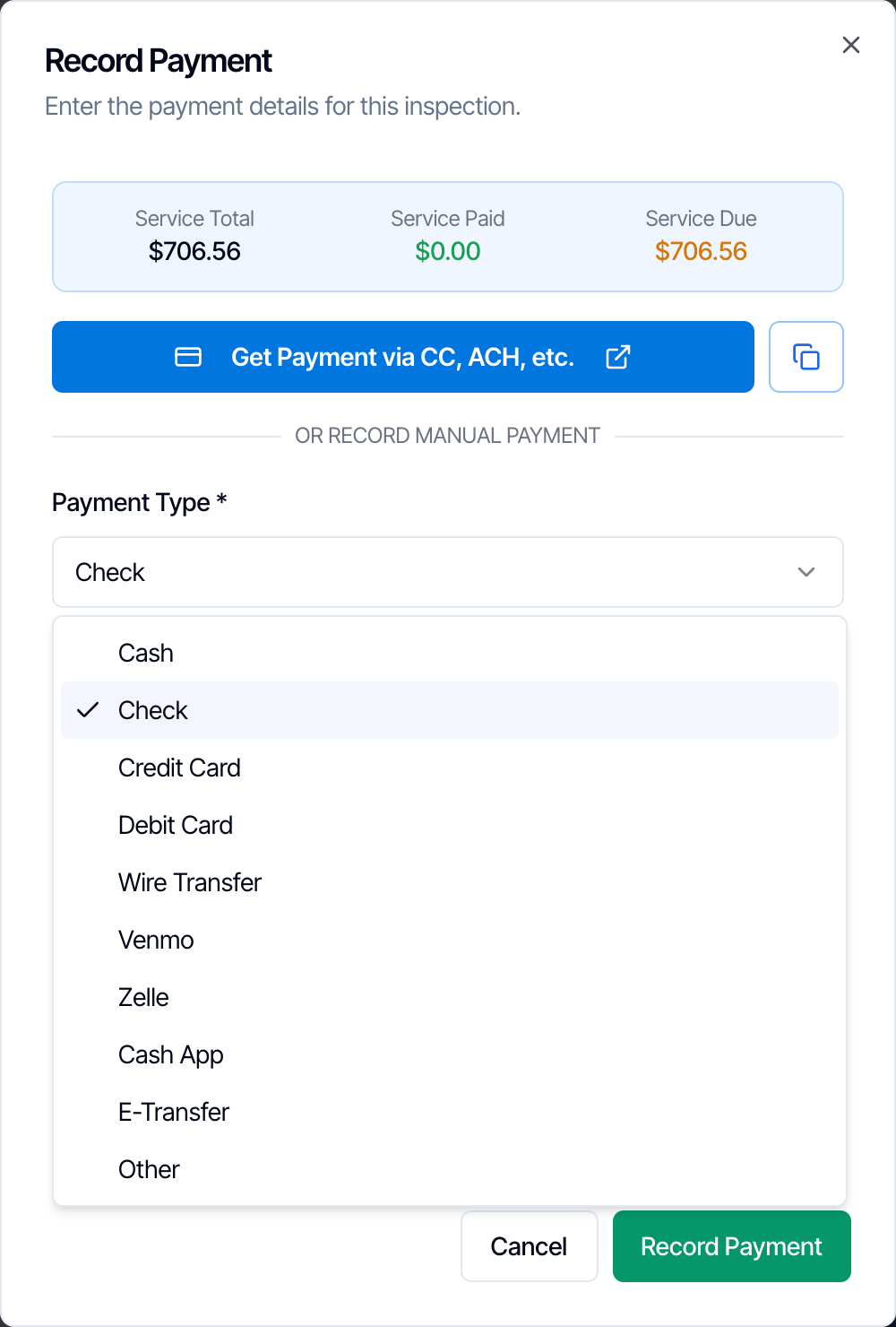 The Payment Type list open in the Record Payment dialog: Cash, Check (selected), Credit Card, Debit Card, Wire Transfer, Venmo, Zelle, Cash App, E-Transfer and Other