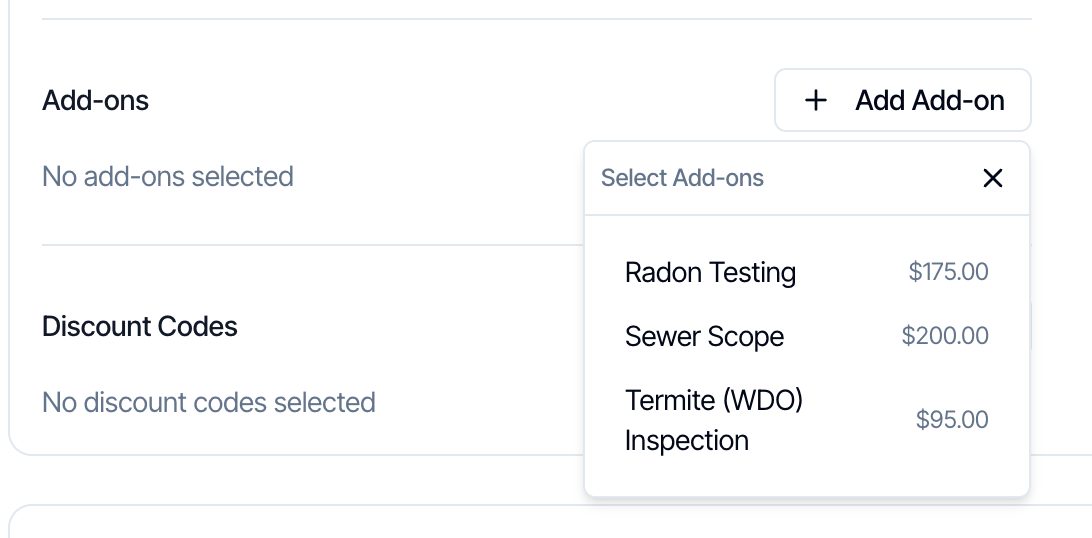 The Select Add-ons list: Radon Testing 175.00 dollars, Sewer Scope 200.00 dollars and Termite (WDO) Inspection 95.00 dollars