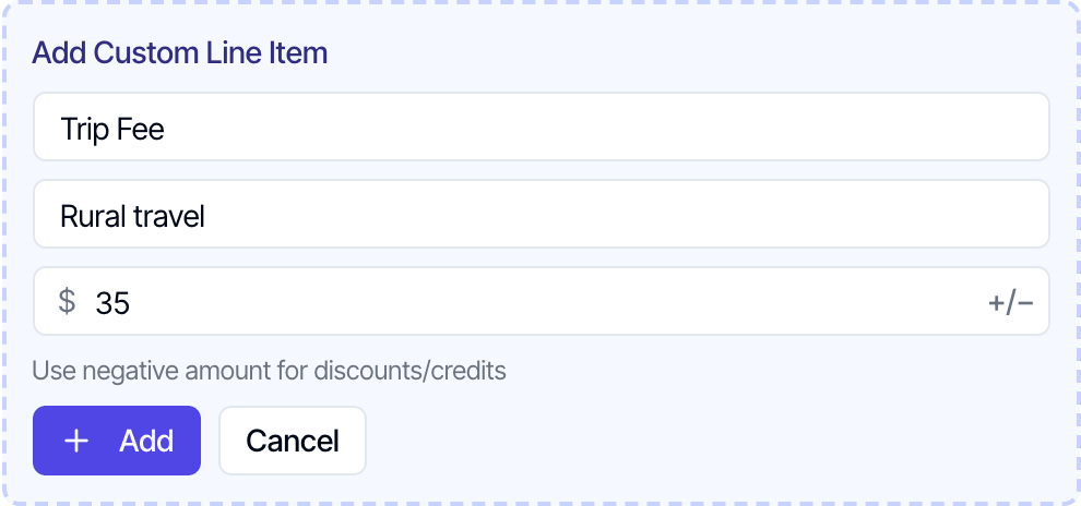 The Add Custom Line Item form: name Trip Fee, description Rural travel, amount 35 with a plus/minus button, the hint Use negative amount for discounts/credits, and Add and Cancel buttons