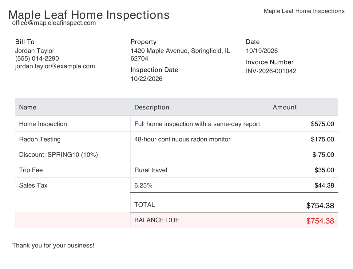 The invoice for the same inspection, from Maple Leaf Home Inspections to Jordan Taylor for 1420 Maple Avenue: Home Inspection, Full home inspection with a same-day report, 575.00 dollars; Radon Testing, 48-hour continuous radon monitor, 175.00 dollars; Discount SPRING10 (10%) minus 75.00 dollars; Trip Fee, Rural travel, 35.00 dollars; Sales Tax 6.25% 44.38 dollars; TOTAL 754.38 dollars and BALANCE DUE 754.38 dollars