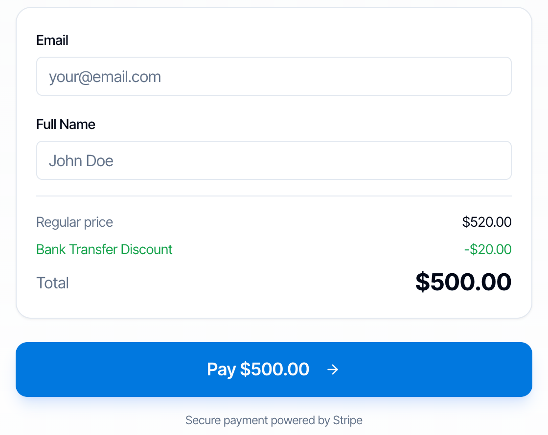 Bank Transfer selected: Regular price 520.00 dollars, Bank Transfer Discount minus 20.00 dollars, Total 500.00 dollars, and a Pay 500.00 dollars button