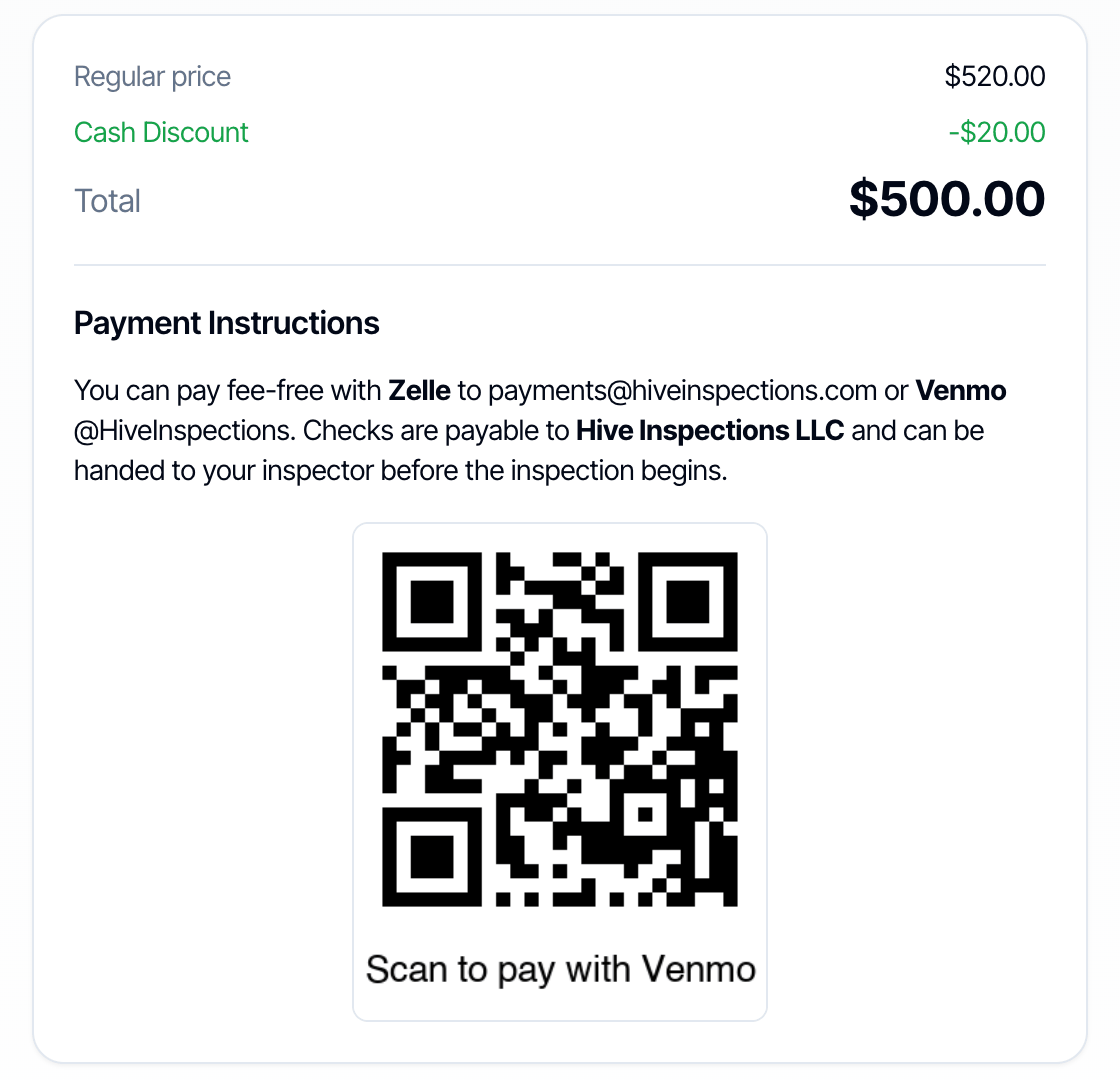 Pay Another Way selected: Regular price 520.00 dollars, Cash Discount minus 20.00 dollars, Total 500.00 dollars. Below, Payment Instructions with the inspector's Zelle, Venmo and check details and a QR code captioned Scan to pay with Venmo. There is no pay button