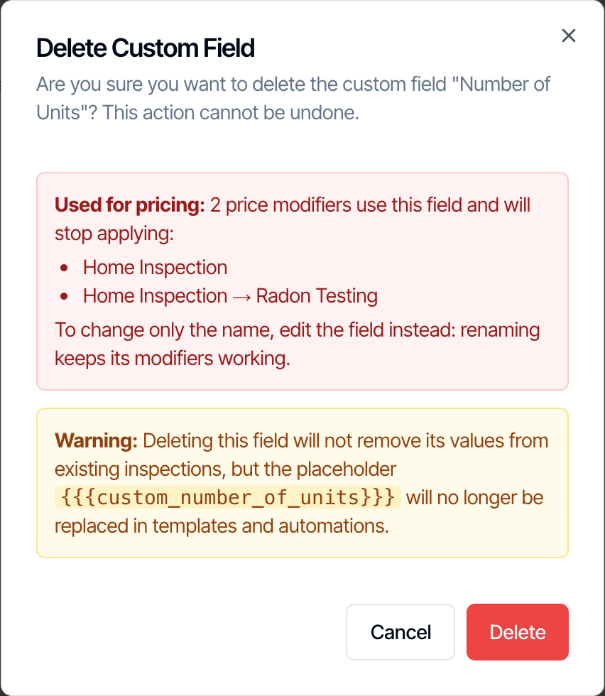 The Delete Custom Field dialog for Number of Units. A red box says Used for pricing: 2 price modifiers use this field and will stop applying, listing Home Inspection and Home Inspection, Radon Testing, and suggests editing the field instead to change only the name. A yellow warning says the placeholder will no longer be replaced in templates and automations