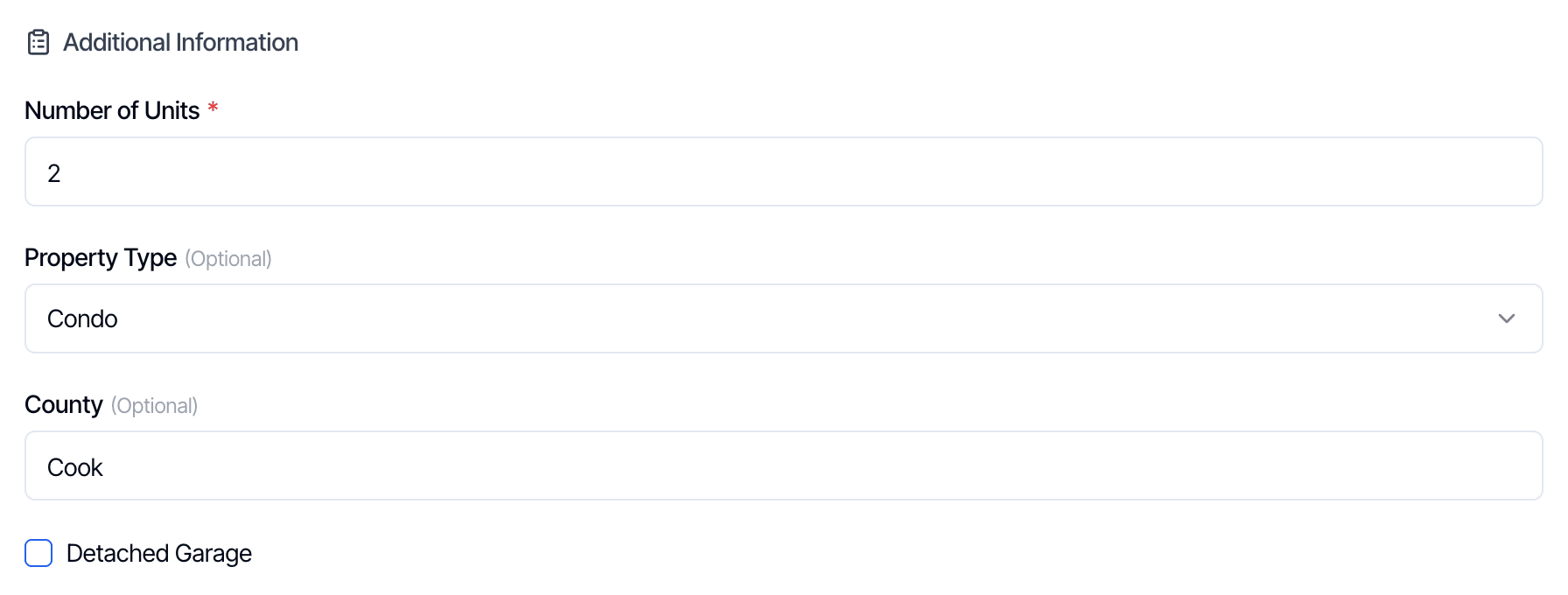 The Additional Information section on the online scheduler: Number of Units with a red star and the answer 2, Property Type (Optional) with Condo picked, County (Optional) with Cook, and a Detached Garage checkbox