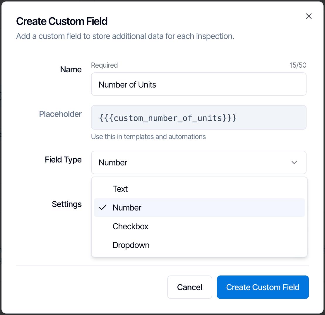 The Create Custom Field dialog with the Field Type list open, showing Text, Number (checked), Checkbox and Dropdown