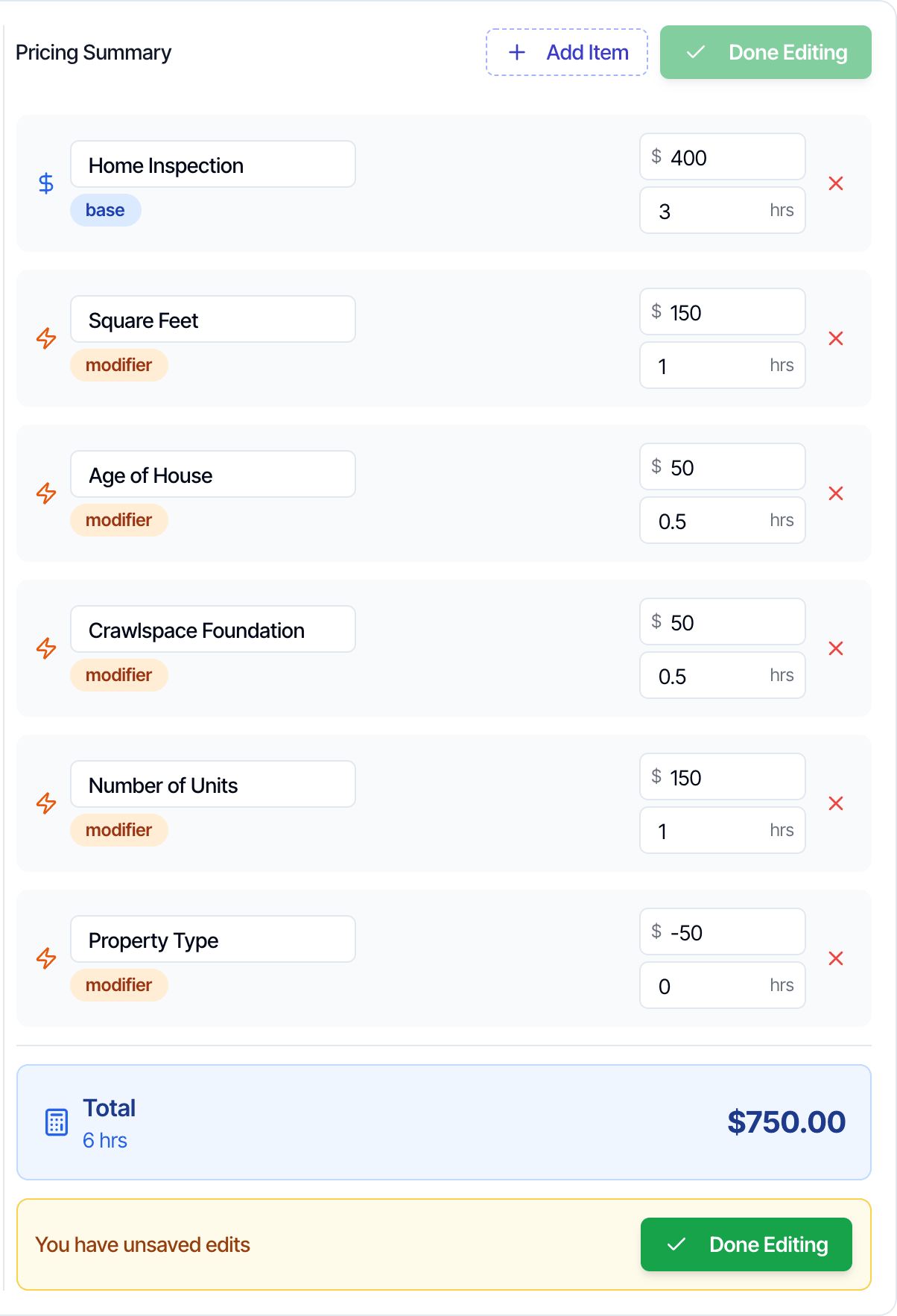The Pricing Summary in edit mode: each line has a name box, a price box and an hours box, and a red X. At the top are Add Item and Done Editing buttons, and at the bottom the note You have unsaved edits