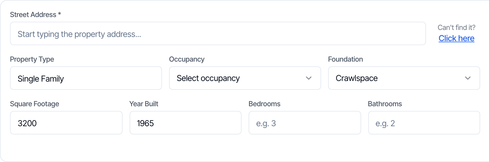 The property details on the New Inspection page: Street Address, Property Type Single Family, Occupancy, Foundation Crawlspace, Square Footage 3200, Year Built 1965, Bedrooms and Bathrooms