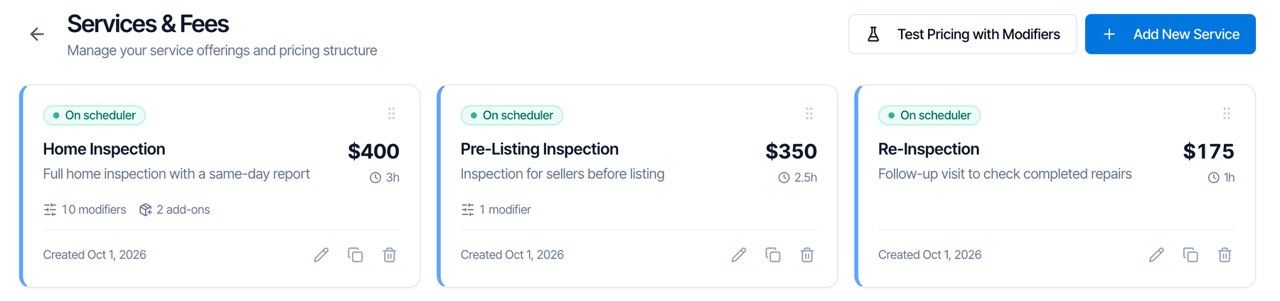 The Services and Fees page with the buttons Test Pricing with Modifiers and Add New Service, and three service cards. The Home Inspection card shows $400, 3h, 10 modifiers and 2 add-ons, with edit, copy and delete icons