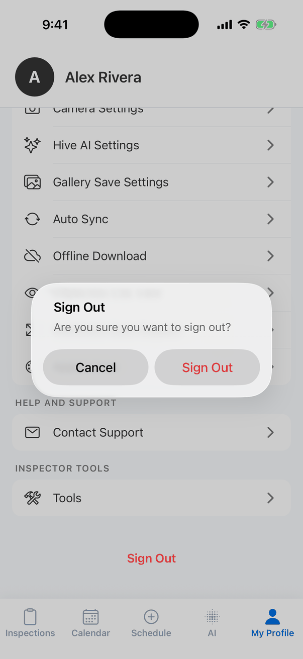 The Sign Out message: Are you sure you want to sign out? Buttons Cancel and Sign Out