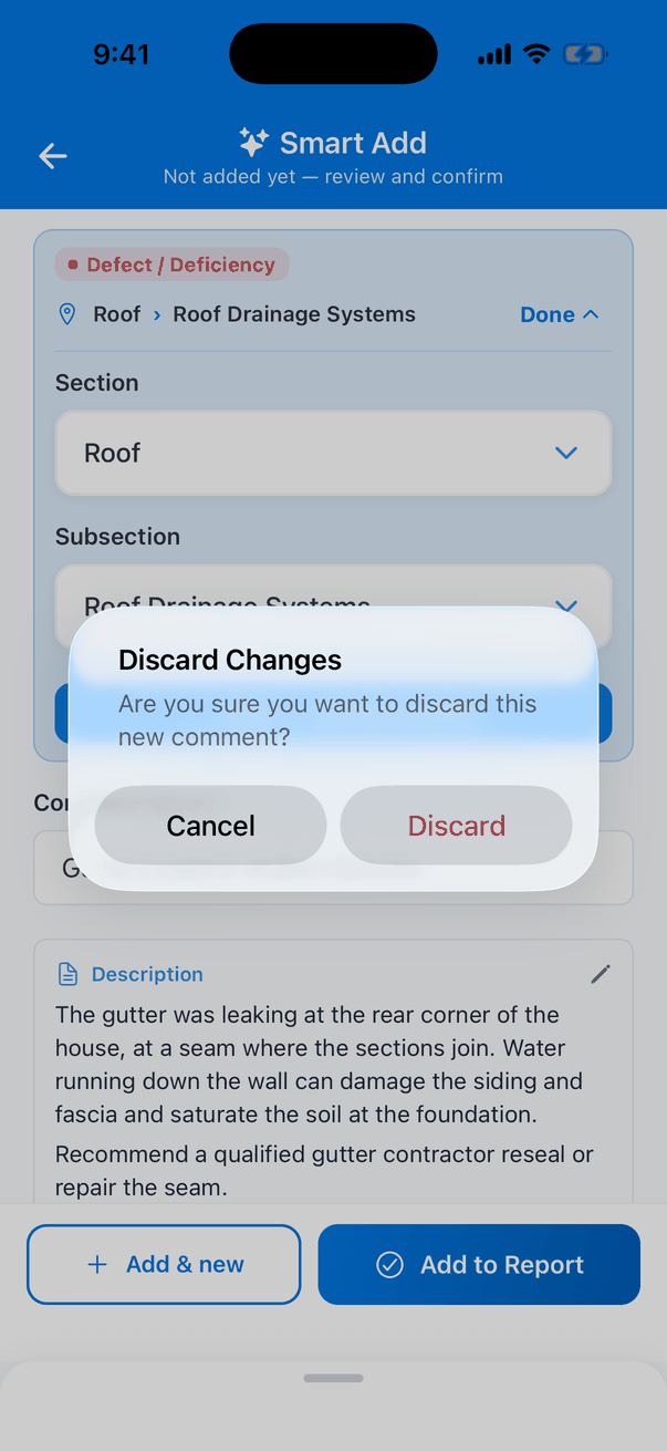 The Discard Changes message over the draft: Are you sure you want to discard this new comment? Buttons Cancel and Discard