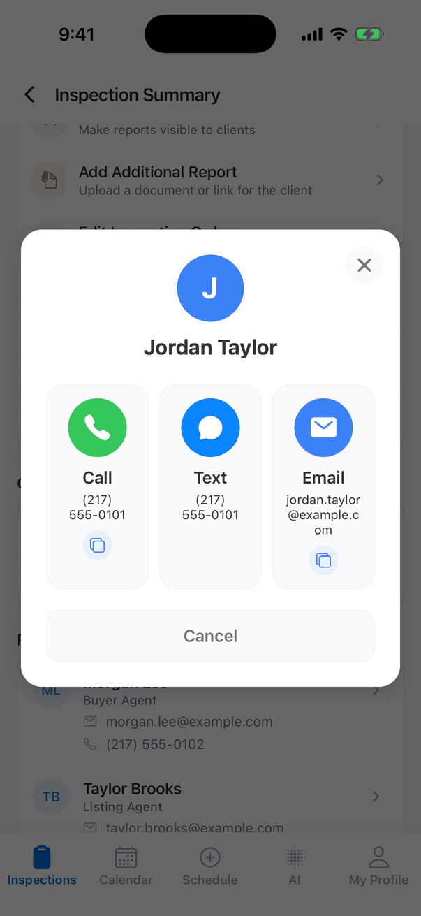 The contact window for Jordan Taylor with three buttons: Call (217) 555-0101, Text (217) 555-0101 and Email jordan.taylor@example.com, copy buttons under the phone number and the email, and a Cancel button