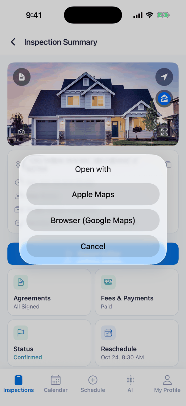 The Open with menu over the Inspection Summary, offering Apple Maps, Browser (Google Maps) and Cancel