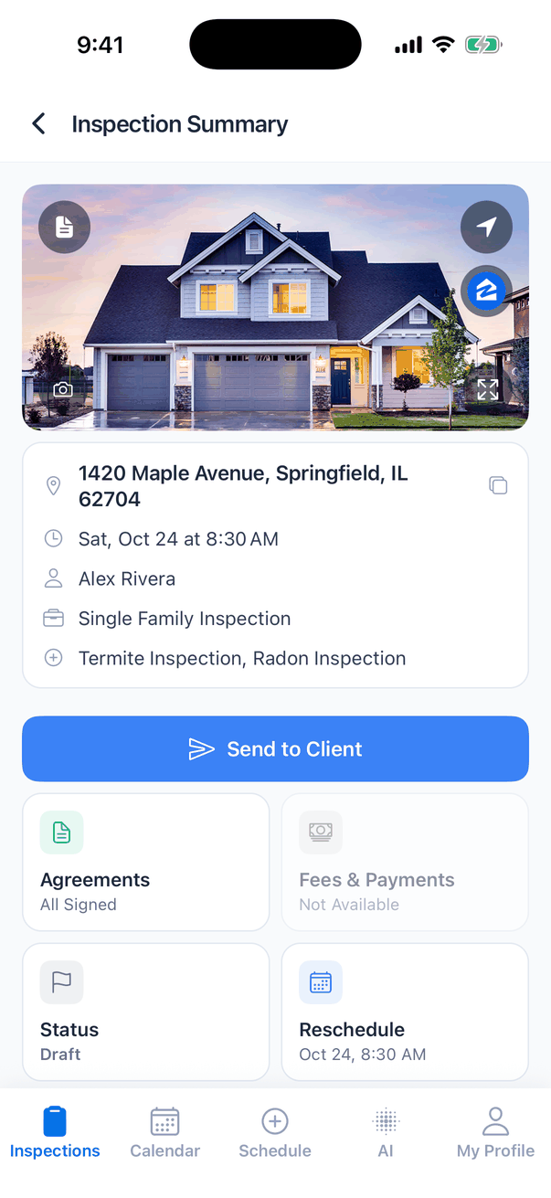 The Inspection Summary of a Draft inspection: the blue button reads Send to Client, the Fees & Payments tile is greyed out with Not Available, and the Status tile reads Draft