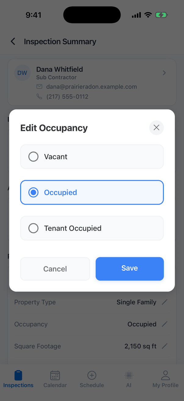 The Edit Occupancy window with three options, Vacant, Occupied (selected) and Tenant Occupied, and Cancel and Save buttons