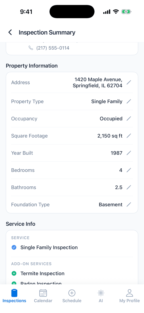 The Property Information card with a pencil next to each row: Address 1420 Maple Avenue, Springfield, IL 62704; Property Type Single Family; Occupancy Occupied; Square Footage 2,150 sq ft; Year Built 1987; Bedrooms 4; Bathrooms 2.5; Foundation Type Basement. Below it the start of the Service Info card