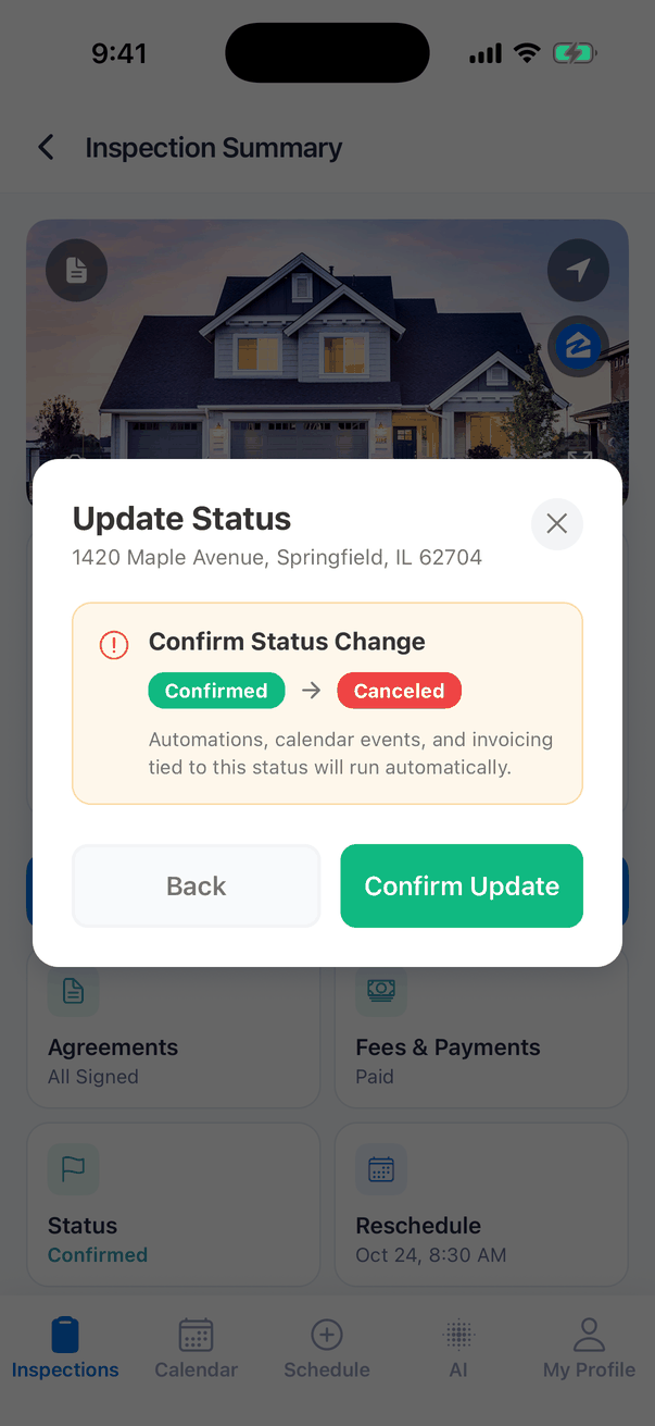 The Confirm Status Change step: a green Confirmed badge, an arrow and a red Canceled badge, with the note Automations, calendar events, and invoicing tied to this status will run automatically. Buttons Back and Confirm Update