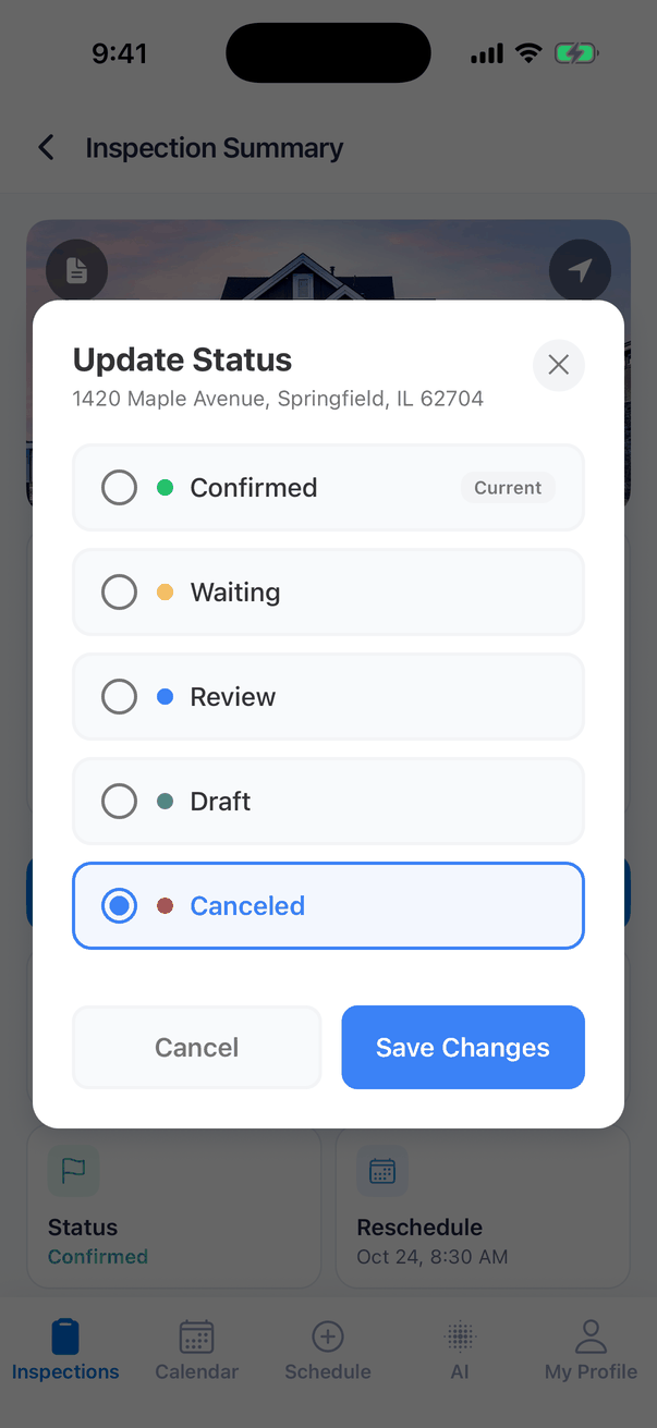 The Update Status window for 1420 Maple Avenue, Springfield, IL 62704 with the options Confirmed (marked Current), Waiting, Review, Draft and Canceled. Canceled is selected. Buttons Cancel and Save Changes