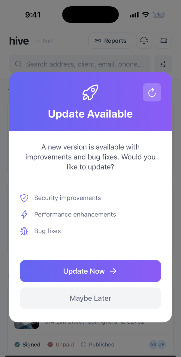The Update Available window: A new version is available with improvements and bug fixes. Would you like to update?, a list of Security improvements, Performance enhancements and Bug fixes, an Update Now button and a Maybe Later button