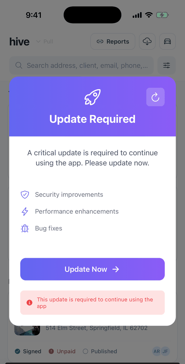 The Update Required window: A critical update is required to continue using the app. Please update now., the same list of improvements, an Update Now button and a red note This update is required to continue using the app