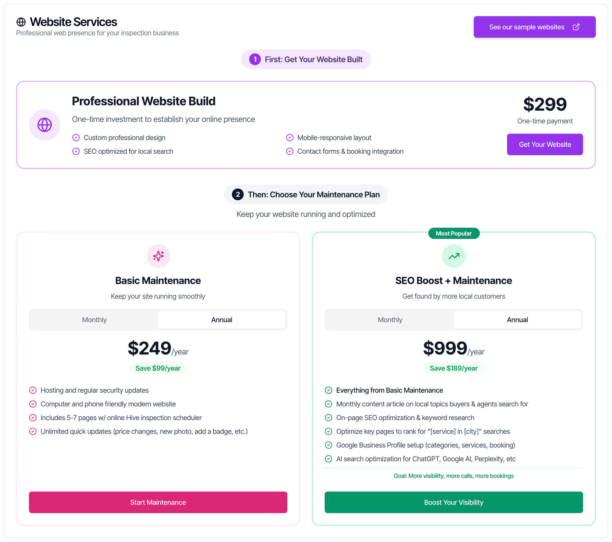 The Website Services card on the Subscriptions page: a See our sample websites button, step 1 First: Get Your Website Built with the Professional Website Build at $299 one-time payment and a Get Your Website button, and step 2 Then: Choose Your Maintenance Plan with Basic Maintenance at $249 a year and SEO Boost + Maintenance at $999 a year, each with a Monthly and Annual switch