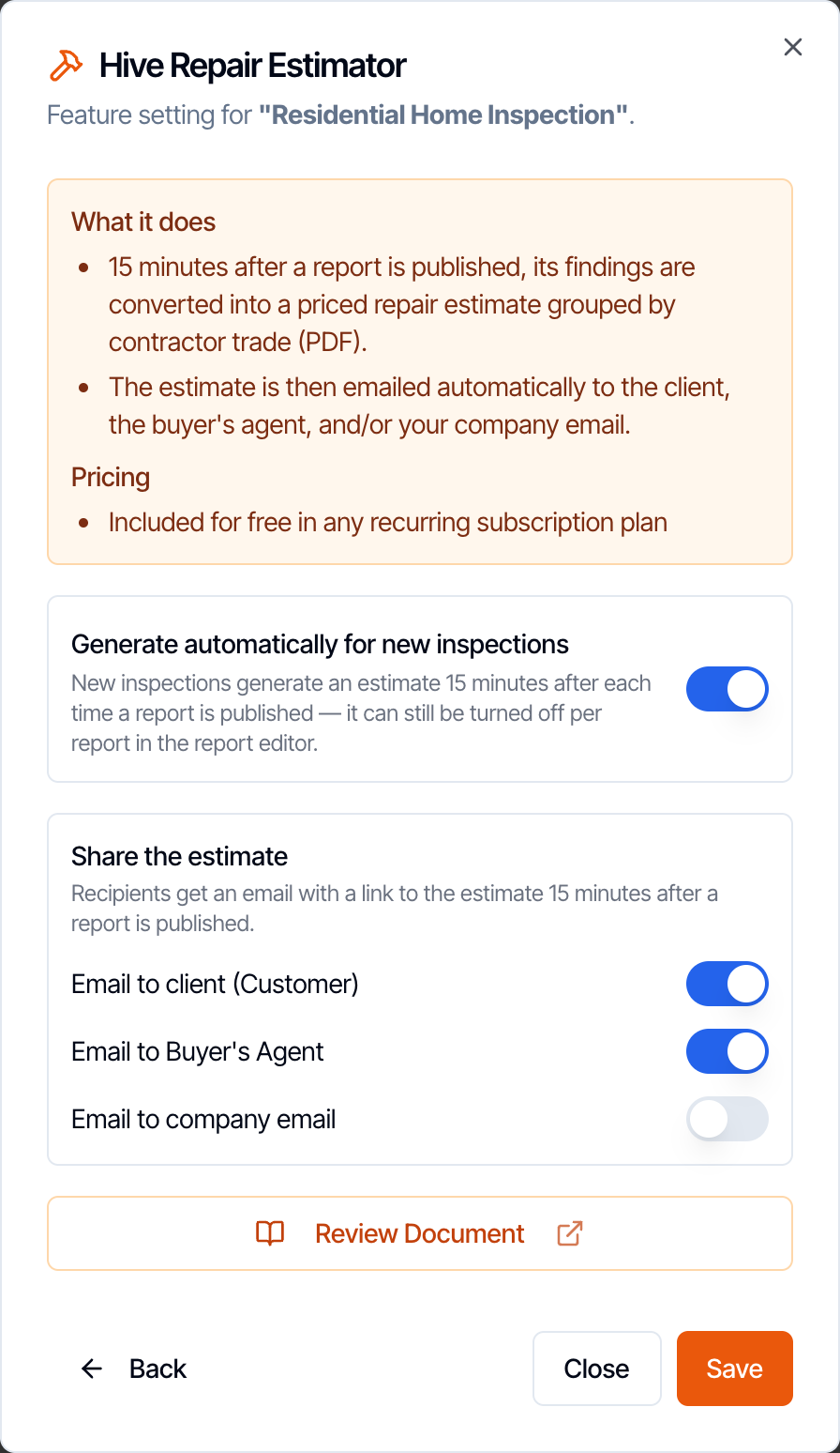 The Hive Repair Estimator settings for a template: Generate automatically for new inspections switched on, and under Share the estimate, Email to client (Customer) and Email to Buyer's Agent switched on and Email to company email switched off