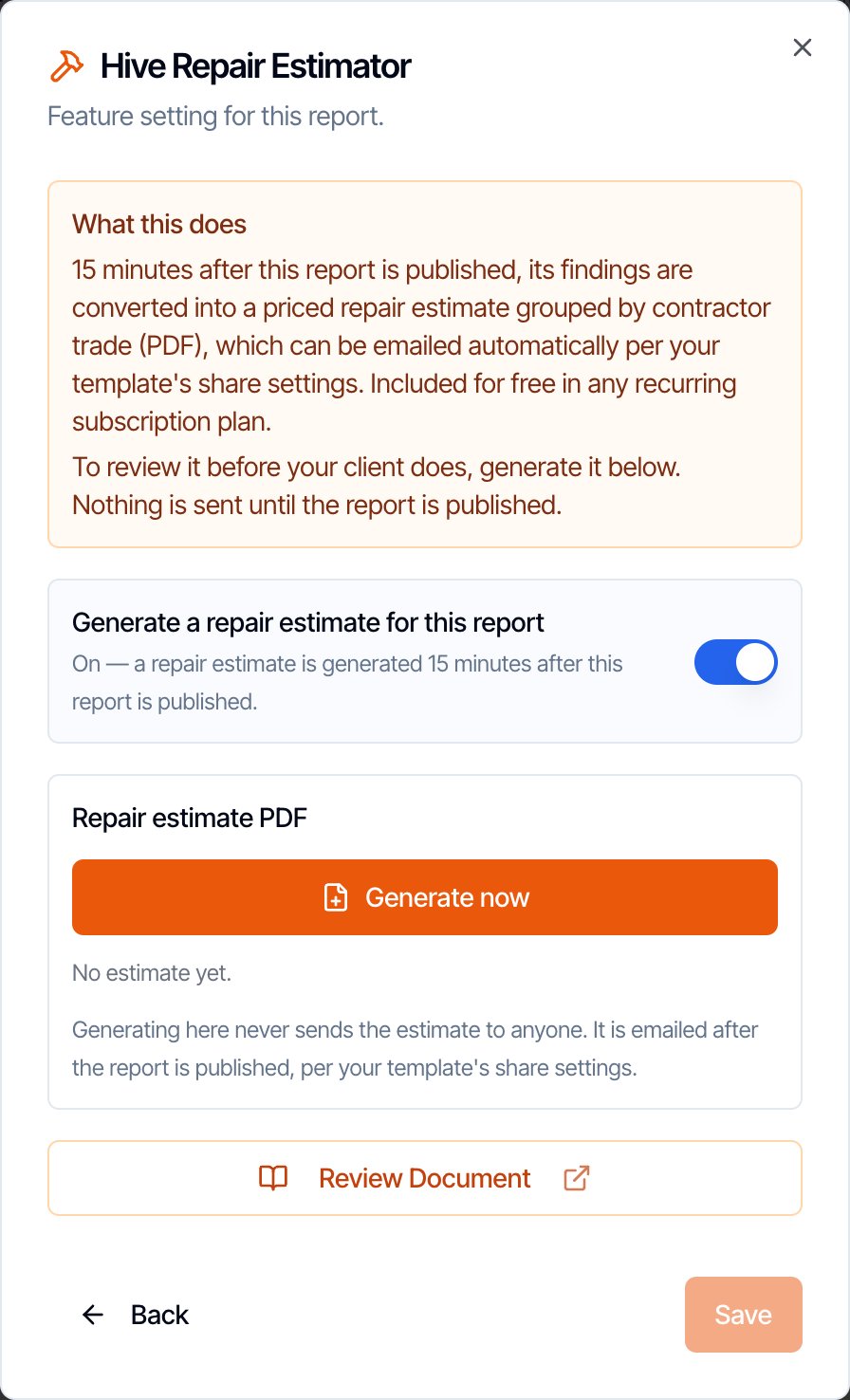 The Hive Repair Estimator settings for one report: the Generate a repair estimate for this report switch turned on, and below it the Repair estimate PDF box with an orange Generate now button and the text No estimate yet