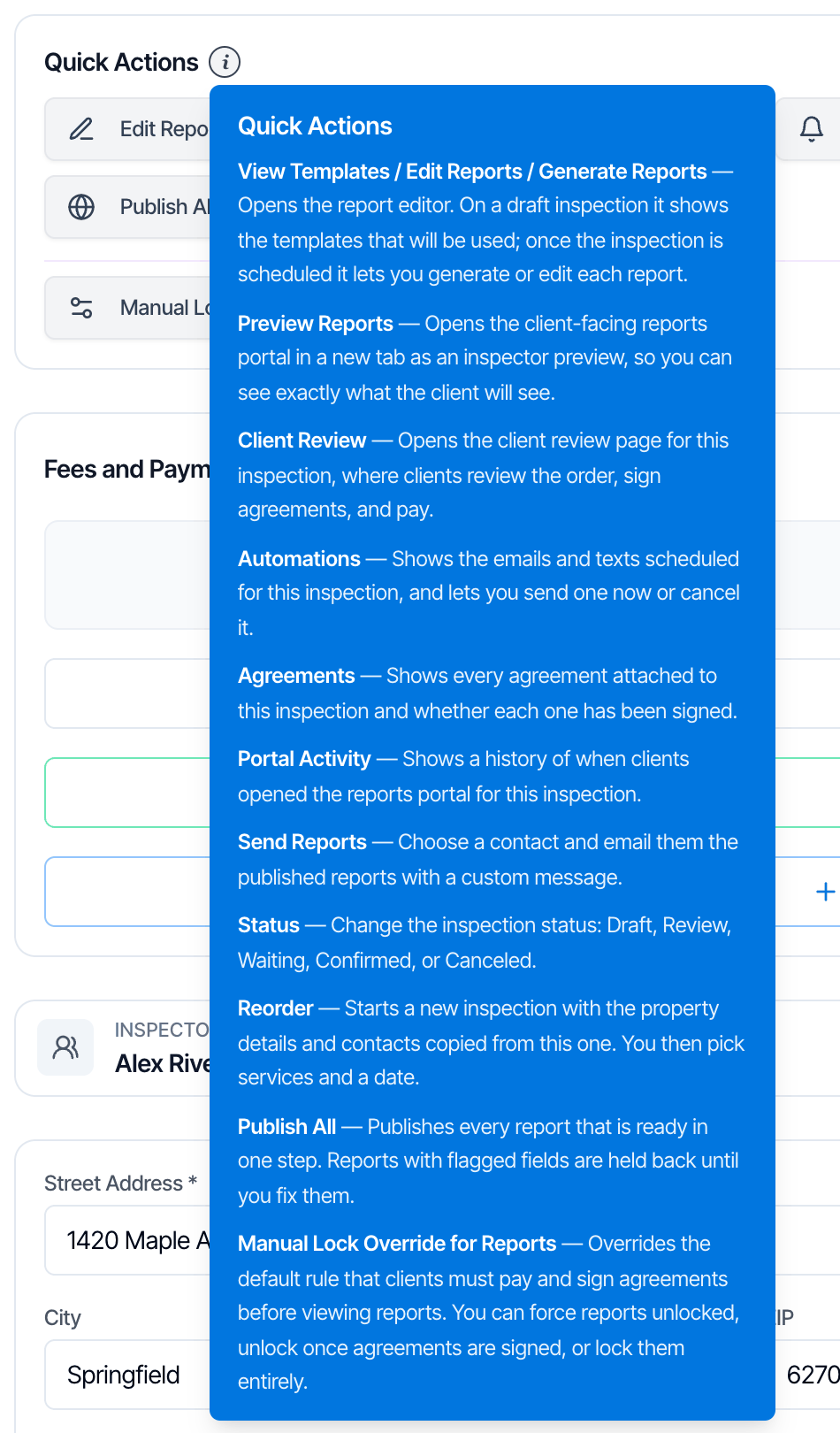 The Quick Actions information popup listing each button with a short description, from View Templates / Edit Reports / Generate Reports to Manual Lock Override for Reports