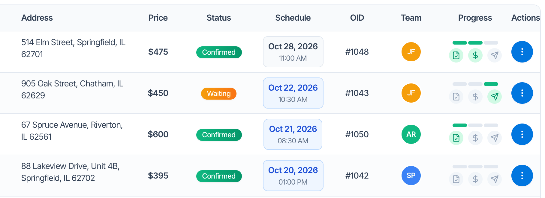 Four rows of the Inspections list with Address, Price, Status, Schedule, OID, Team, Progress and Actions columns. Each row ends with a round blue button with three vertical dots