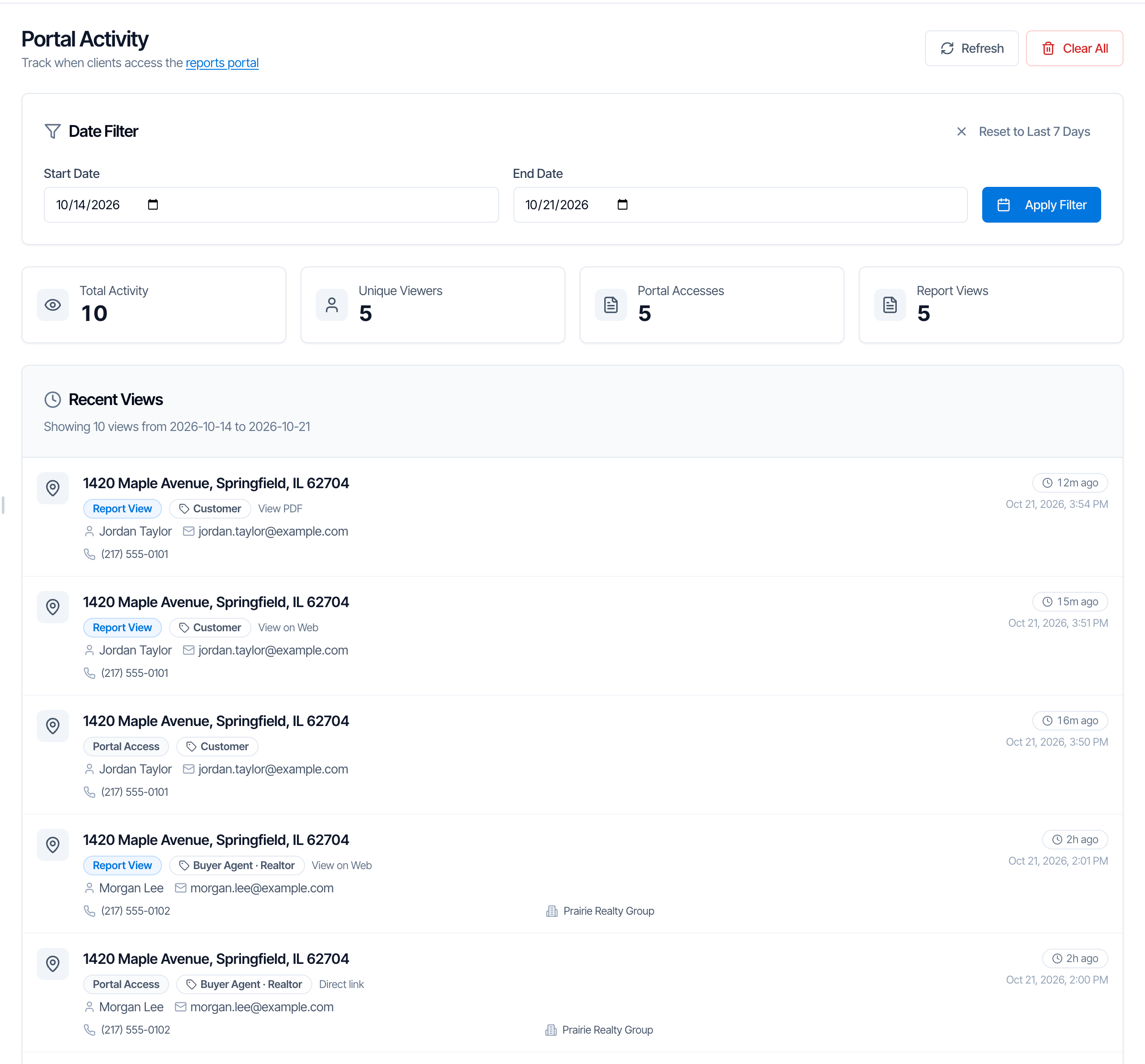 The Portal Activity page. Top right: Refresh and Clear All. A Date Filter card with Start Date 10/14/2026, End Date 10/21/2026, Apply Filter and Reset to Last 7 Days. Four counts: Total Activity 10, Unique Viewers 5, Portal Accesses 5, Report Views 5. A Recent Views list, Showing 10 views from 2026-10-14 to 2026-10-21, with rows for 1420 Maple Avenue: Jordan Taylor Report View View PDF 12m ago, Report View View on Web 15m ago, Portal Access 16m ago; Morgan Lee Report View View on Web 2h ago, Portal Access Direct link 2h ago
