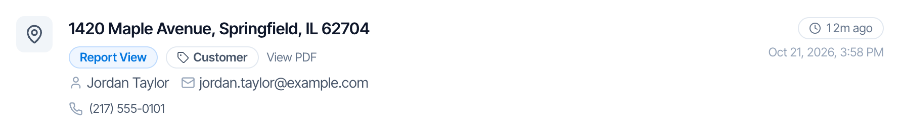 A Portal Activity row for 1420 Maple Avenue: a blue Report View badge, a Customer badge and the text View PDF, Jordan Taylor, jordan.taylor@example.com, 12m ago