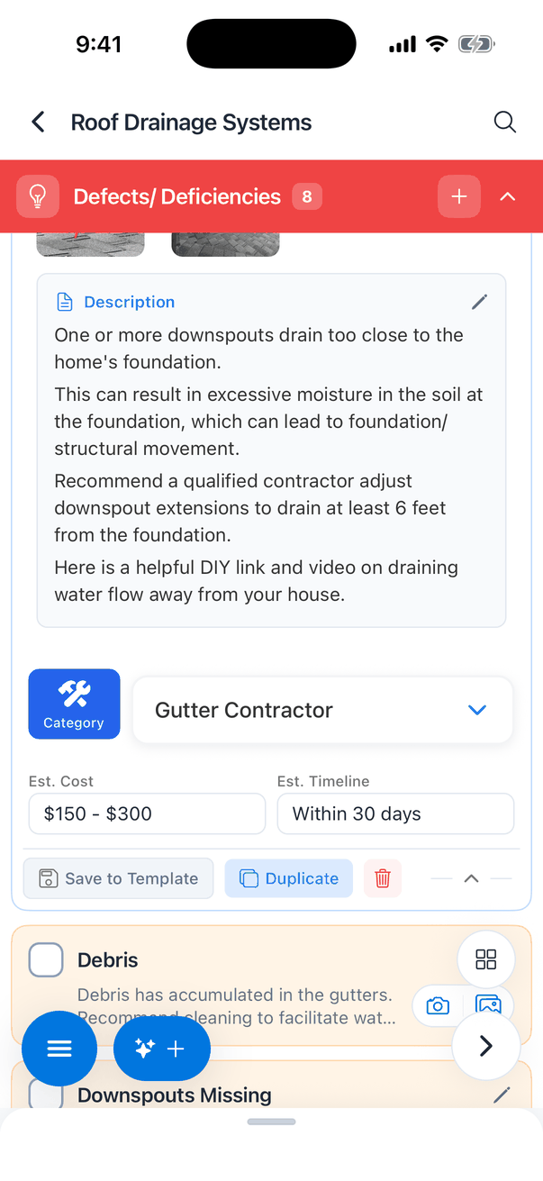 The lower part of the same defect: the end of the description, a blue Category button, a service box reading Gutter Contractor with a down arrow, Est. Cost $150 - $300, Est. Timeline Within 30 days, and Save to Template, Duplicate and delete buttons