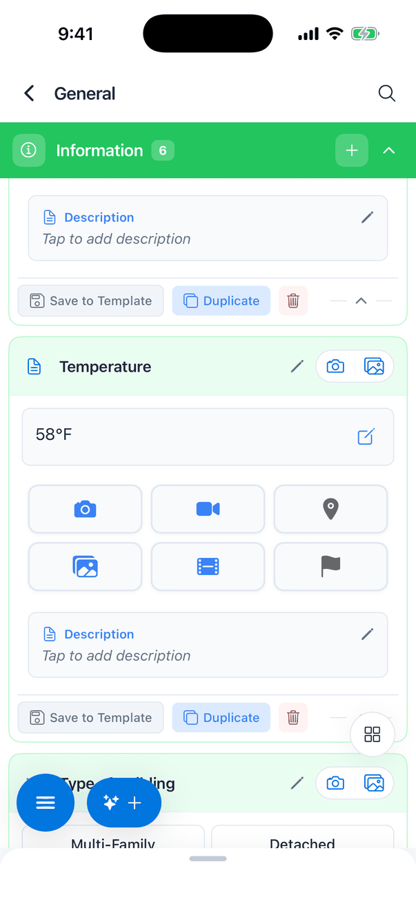 The Temperature comment expanded: a box with 58°F and an edit icon, six media buttons, a Description box and Save to Template, Duplicate and delete buttons