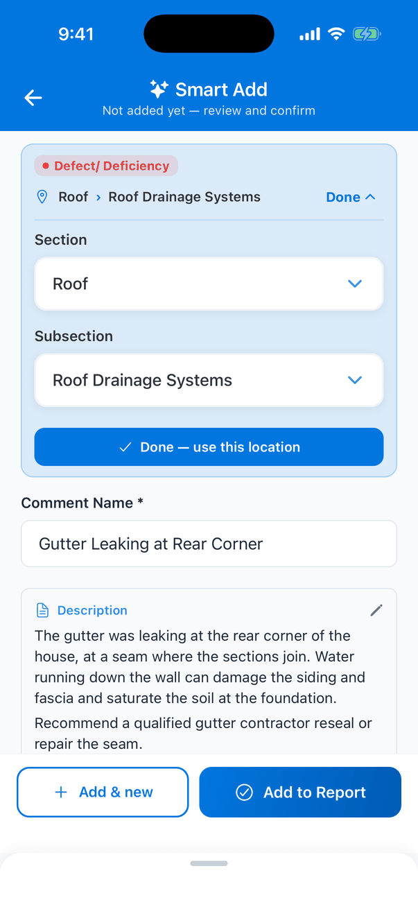 The placement bar opened for editing: Section set to Roof and Subsection set to Roof Drainage Systems, each a dropdown, and a Done — use this location button